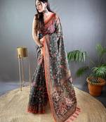 Green printed silk blend saree with blouse