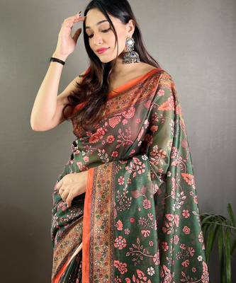 Green printed silk blend saree  with blouse 2