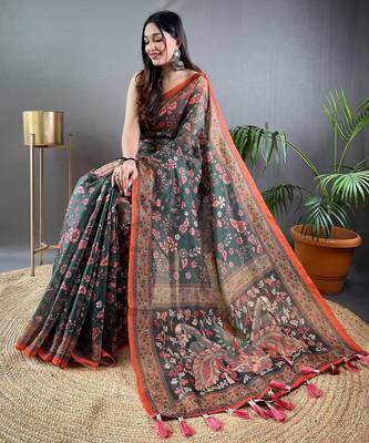 Green printed silk blend saree  with blouse 3