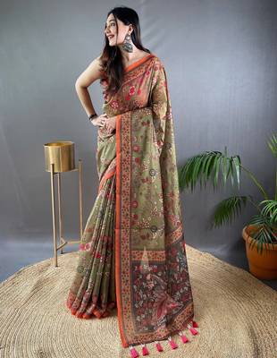Green printed silk blend saree  with blouse 1