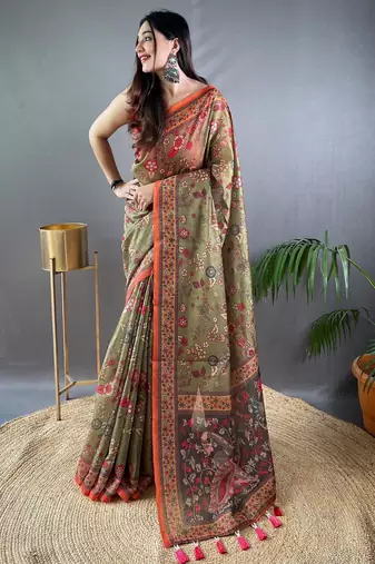 Green printed silk blend saree with blouse