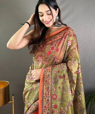 Green printed silk blend saree  with blouse 2