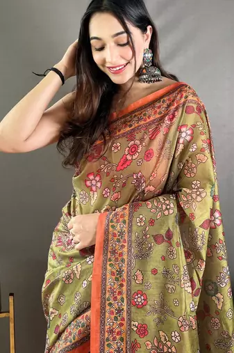 Green printed silk blend saree  with blouse