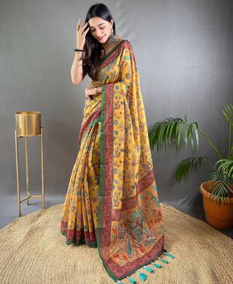 Mustard printed silk blend saree  with blouse 1