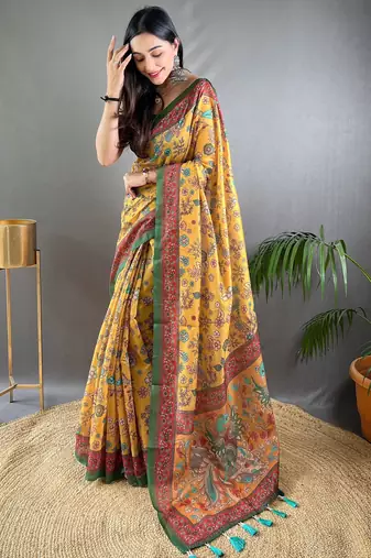 Mustard printed silk blend saree with blouse