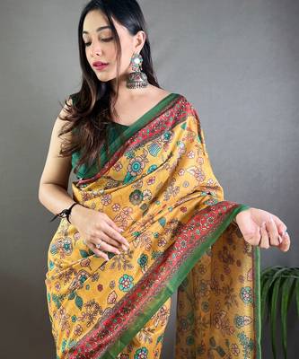 Mustard printed silk blend saree  with blouse 2