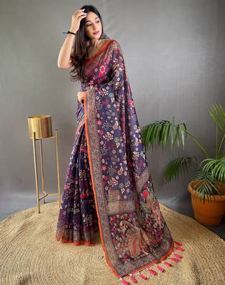 Blue printed silk blend saree  with blouse 1