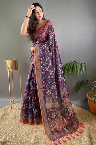 Blue printed silk blend saree with blouse