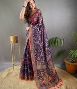 Blue printed silk blend saree  with blouse