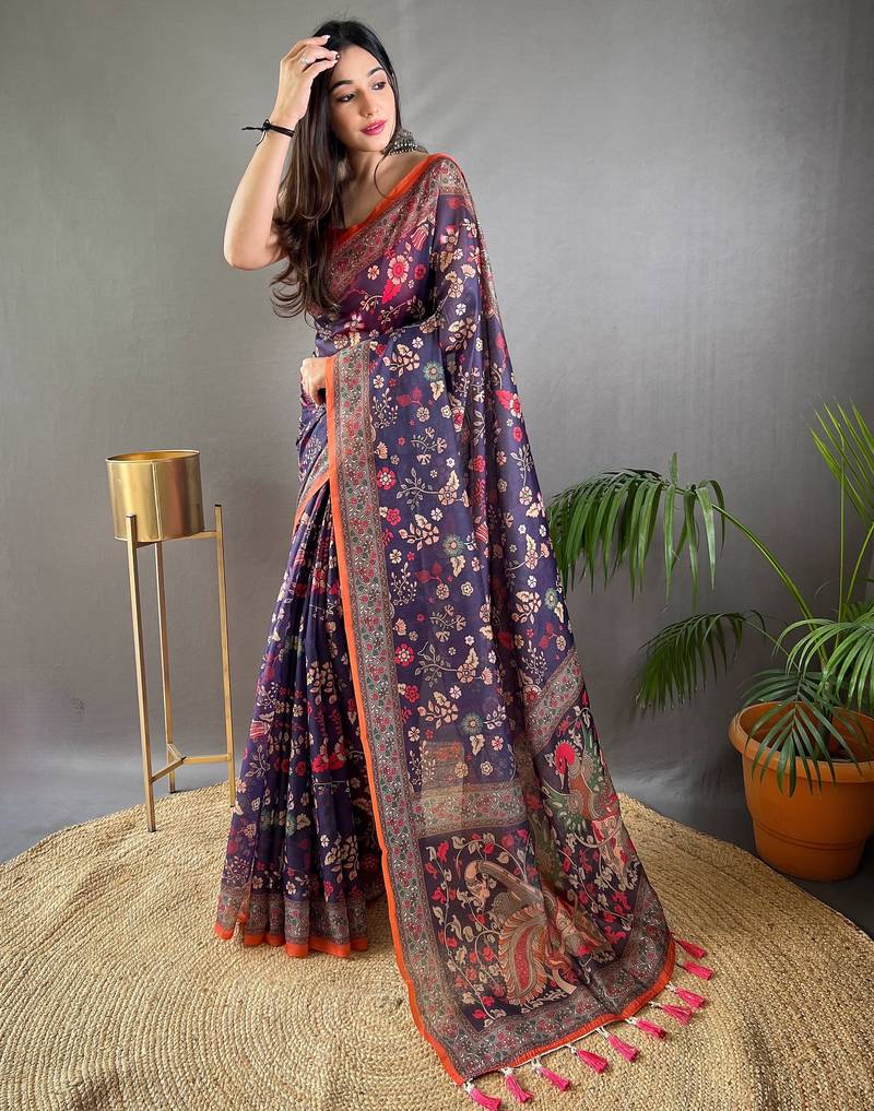 Blue printed silk blend saree with blouse