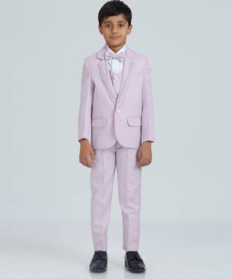 pleated collar suit set full sleeves blazer, shirt, pant and waist coat with bow tie - mauve 1