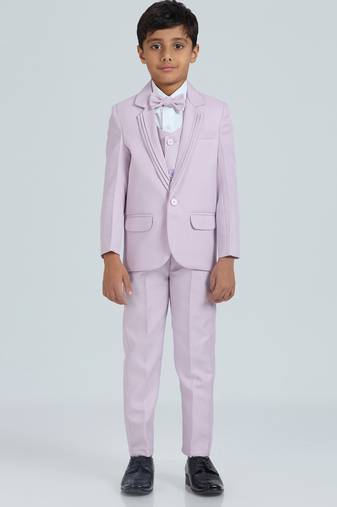 pleated collar suit set full sleeves blazer, shirt, pant and waist coat with bow tie - mauve