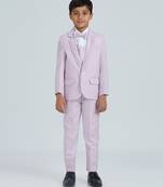 pleated collar suit set full sleeves blazer, shirt, pant and waist coat with bow tie - mauve