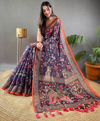 Blue printed silk blend saree  with blouse 2