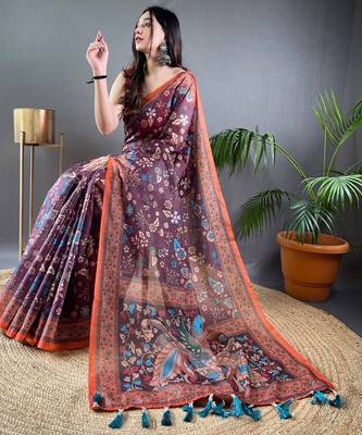Blue printed silk blend saree  with blouse 3