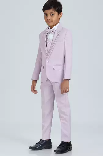 pleated collar suit set full sleeves blazer, shirt, pant and waist coat with bow tie - mauve
