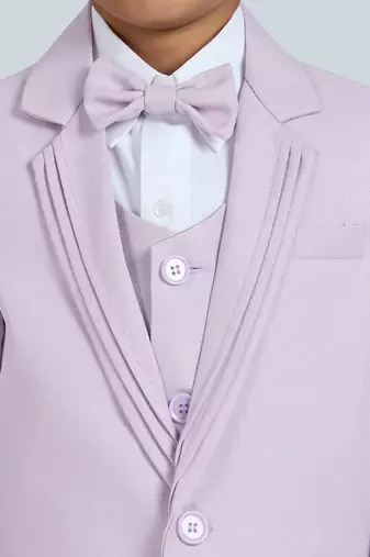 pleated collar suit set full sleeves blazer, shirt, pant and waist coat with bow tie - mauve
