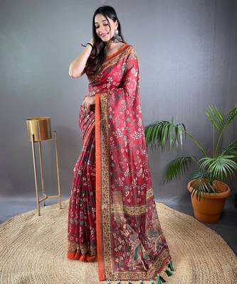 Red printed silk blend saree  with blouse 1