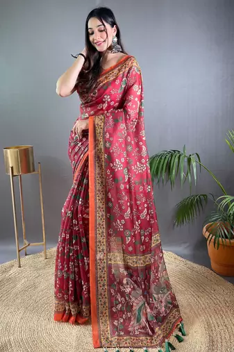 Red printed silk blend saree with blouse