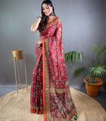 Red printed silk blend saree  with blouse