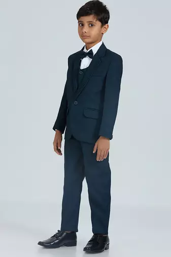 pleated collar suit set full sleeves blazer, shirt, pant and waist coat with bow tie - mauve
