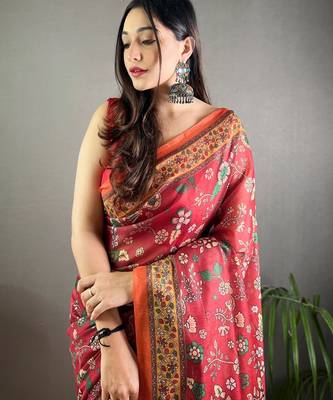 Red printed silk blend saree  with blouse 2