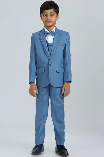 pleated collar suit set full sleeves blazer, shirt, pant and waist coat with bow tie - blue