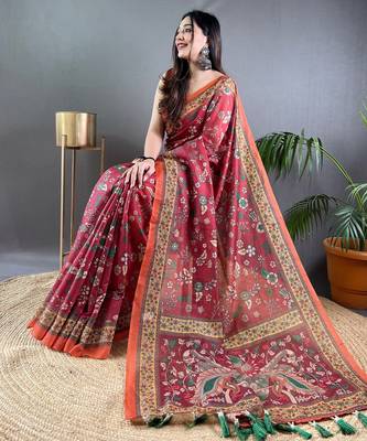 Red printed silk blend saree  with blouse 3