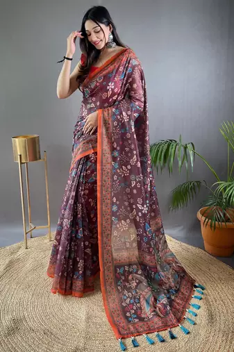 Wine printed silk blend saree with blouse