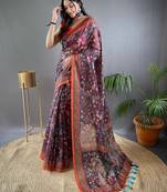 Wine printed silk blend saree  with blouse
