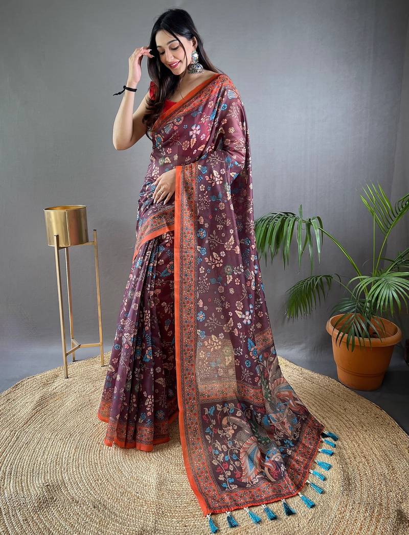 Wine printed silk blend saree with blouse