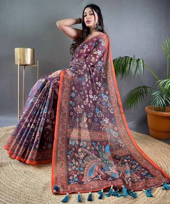 Wine printed silk blend saree  with blouse 2