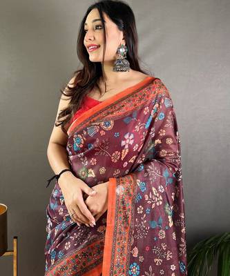 Wine printed silk blend saree  with blouse 3