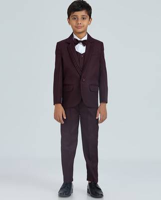 pleated collar suit set full sleeves blazer, shirt, pant and waist coat with bow tie - wine 1