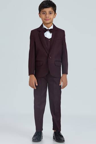 pleated collar suit set full sleeves blazer, shirt, pant and waist coat with bow tie - wine