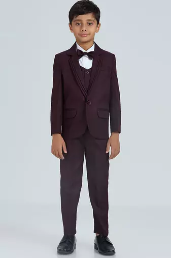 pleated collar suit set full sleeves blazer, shirt, pant and waist coat with bow tie - wine
