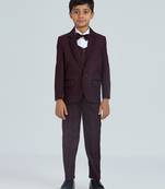 pleated collar suit set full sleeves blazer, shirt, pant and waist coat with bow tie - wine