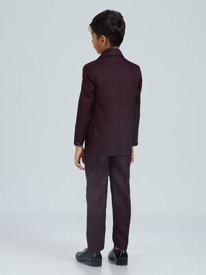 pleated collar suit set full sleeves blazer, shirt, pant and waist coat with bow tie - wine 2