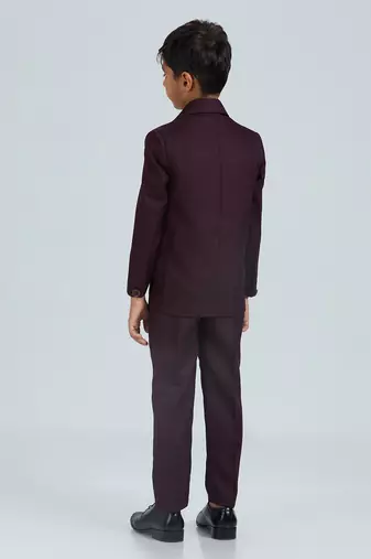pleated collar suit set full sleeves blazer, shirt, pant and waist coat with bow tie - wine