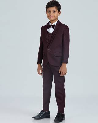 pleated collar suit set full sleeves blazer, shirt, pant and waist coat with bow tie - wine 3