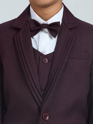 pleated collar suit set full sleeves blazer, shirt, pant and waist coat with bow tie - wine 4