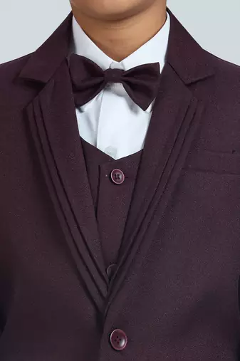 pleated collar suit set full sleeves blazer, shirt, pant and waist coat with bow tie - wine