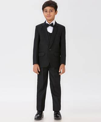 pleated collar suit set full sleeves blazer, shirt, pant and waist coat with bow tie - black 1