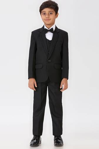 pleated collar suit set full sleeves blazer, shirt, pant and waist coat with bow tie - black