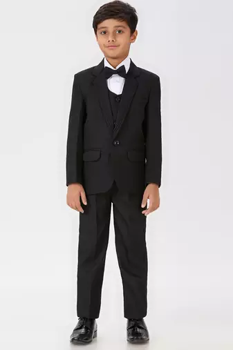 pleated collar suit set full sleeves blazer, shirt, pant and waist coat with bow tie - black