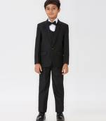 pleated collar suit set full sleeves blazer, shirt, pant and waist coat with bow tie - black