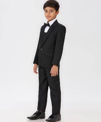 pleated collar suit set full sleeves blazer, shirt, pant and waist coat with bow tie - black 3