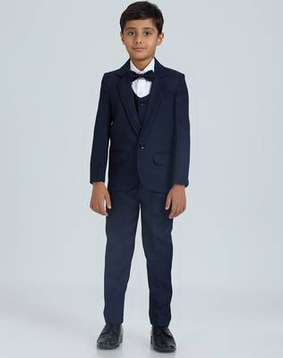 pleated suit set full sleeves blazer, shirt, pant and waist coat with bow tie - nblue 1