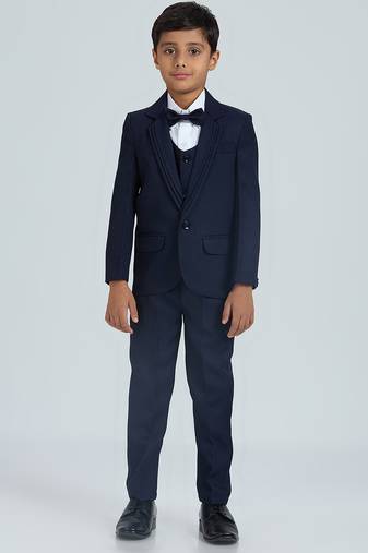pleated suit set full sleeves blazer, shirt, pant and waist coat with bow tie - nblue
