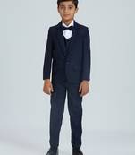 pleated suit set full sleeves blazer, shirt, pant and waist coat with bow tie - nblue